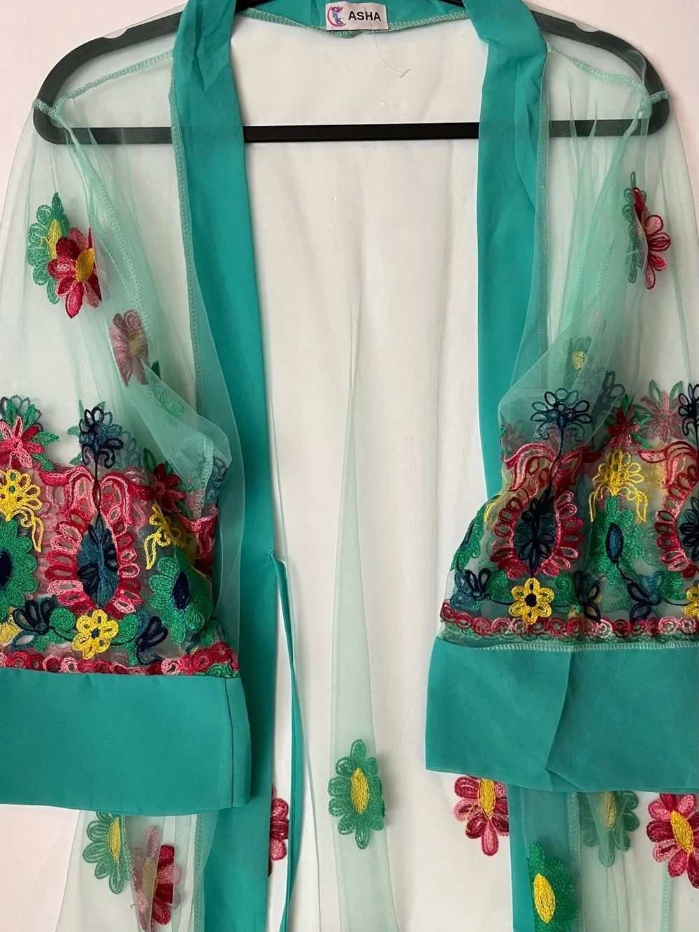 ASHA Sheer Floral Embroidered Swim Cover-Up Kimono Duster Boho Beachwear